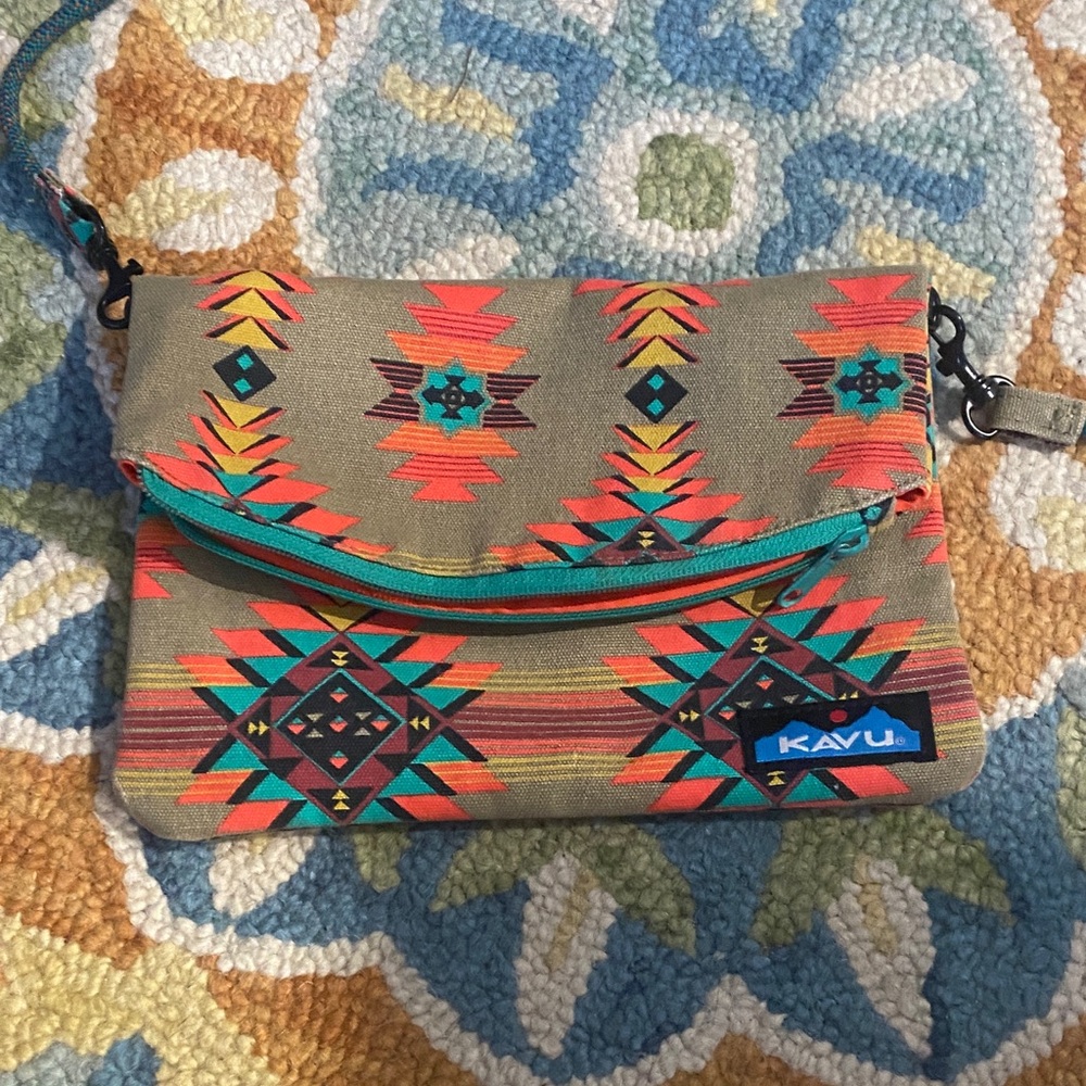 KAVU Aztec Pattern Clutch with Orange and Teal Accents